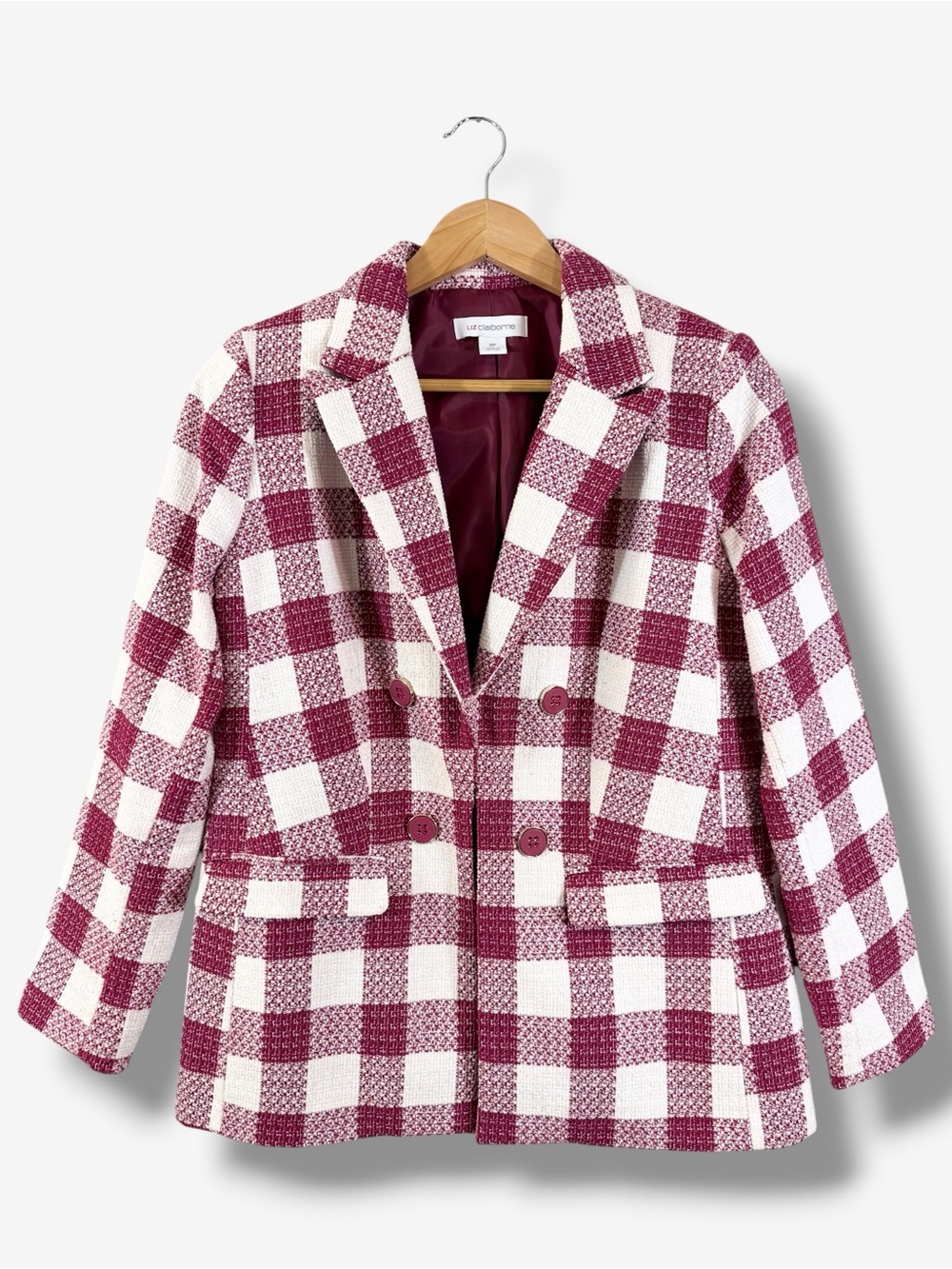 Liz Claiborne 8P Burgundy Cream Plaid Tweed Double Breasted Blazer